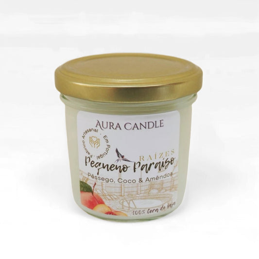 Pequeno Paraíso – Vela Artesanal Aromática de Pêssego, Coco e Amêndoa